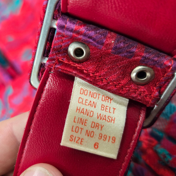 Vintage 80s Halston III Silk Floral Plaid Dress Red Pink Teal Belted Midi Size 4 - Picture 7 of 16